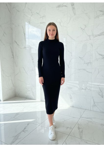 Siyah Dik Yaka Uzun Kollu Fit Midi Elbise fiyatları