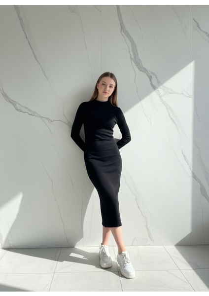 Siyah Dik Yaka Uzun Kollu Fit Midi Elbise fırsatları