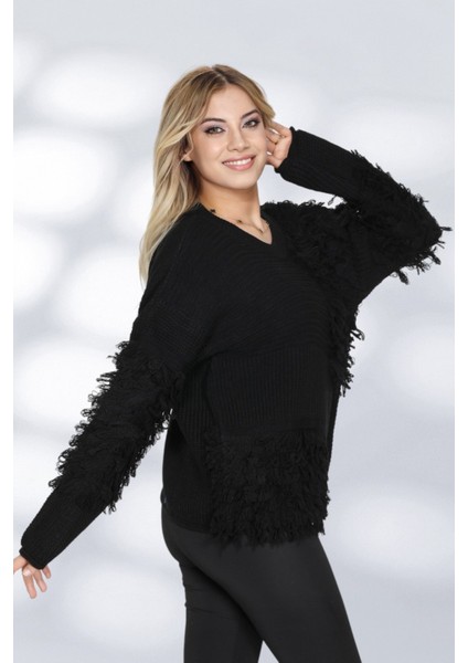 Kadın Patchwork Tasarımlı Dokulu Triko Kazak - Oversize ve Rahat Formlu - Siyah fiyatları