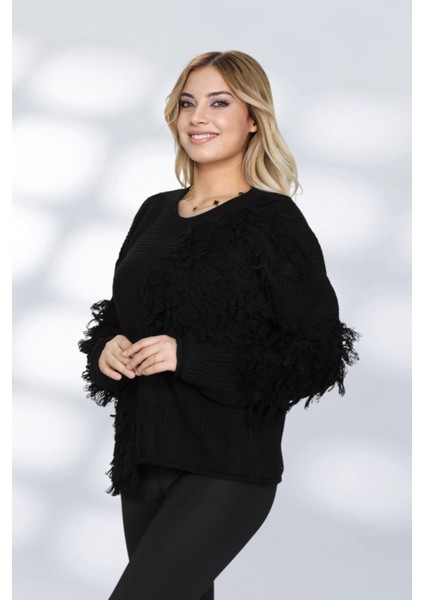 Kadın Patchwork Tasarımlı Dokulu Triko Kazak - Oversize ve Rahat Formlu - Siyah modelleri