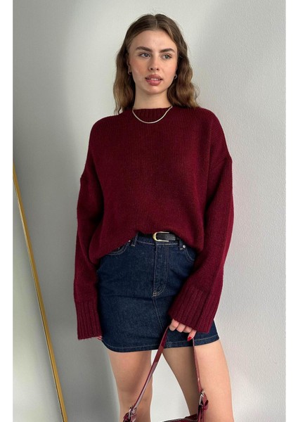 Bisiklet Yaka Oversize Kazak Bordo