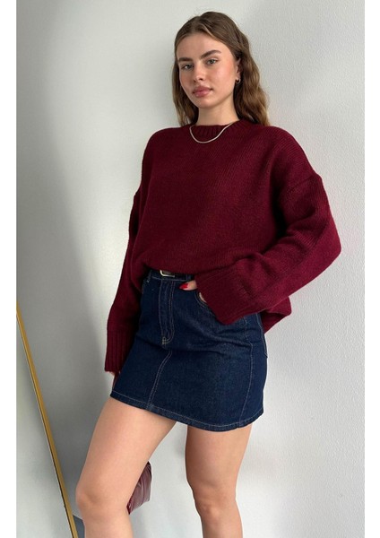 Bisiklet Yaka Oversize Kazak Bordo fırsatları