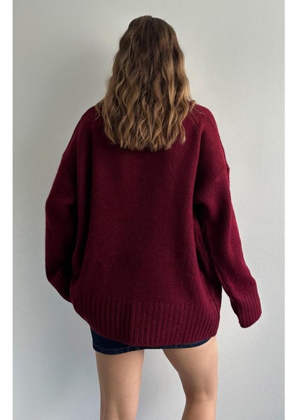 Bisiklet Yaka Oversize Kazak Bordo indirimleri