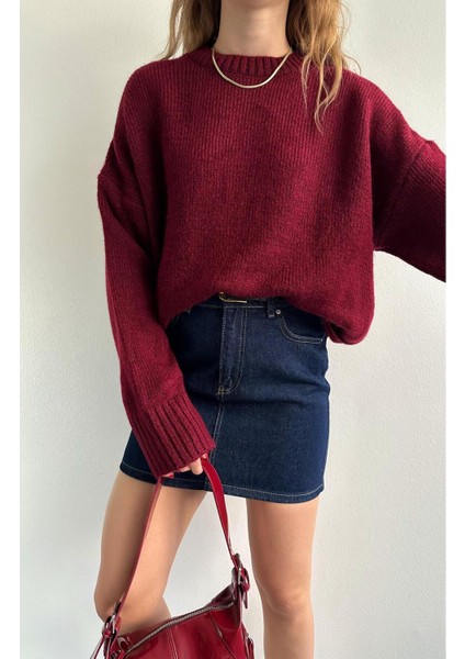 Bisiklet Yaka Oversize Kazak Bordo