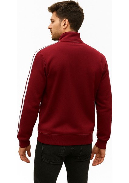 Kırmızı Yarım Fermuarlı Baskılı Dik Yaka Kışlık Erkek Sweat