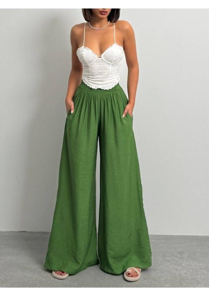 Kadın Siyah Bol Paça Dökümlü Modal Pantolon - Yeşil