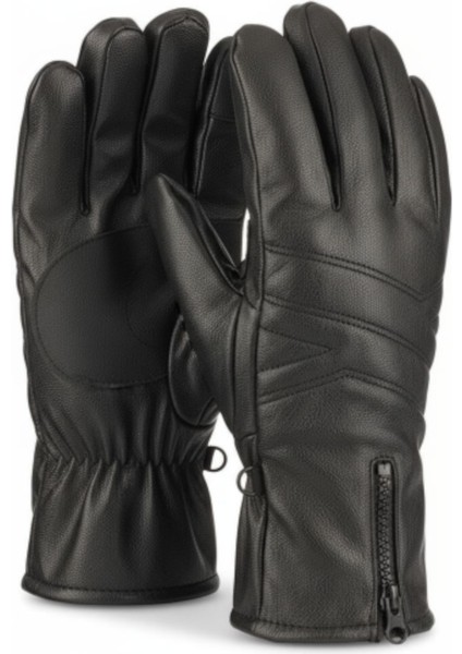 Suyutti Unisex Siyah Deri Kürklü Eldiven - Fermuarlı, Tokalı Stil Detaylı Model