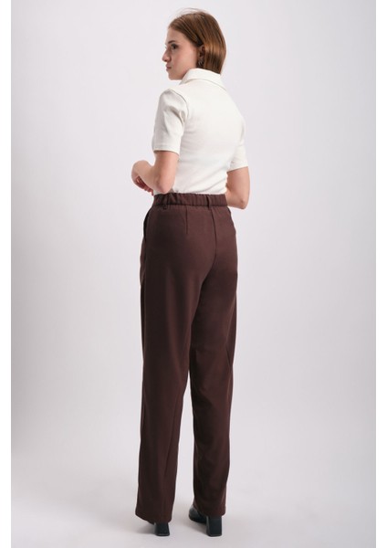 Kadın Pileli ve Bel Lastikli Dokuma Pantolon Geniş Paça