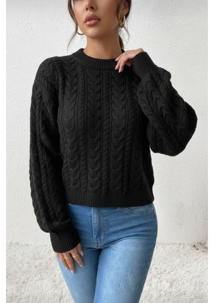 Kadın Siyah Örgü Desenli Balon Kol Crop Triko Kazak – Kışlık Moda