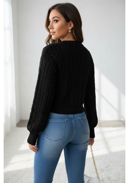 Kadın Siyah Örgü Desenli Balon Kol Crop Triko Kazak – Kışlık Moda fiyatları