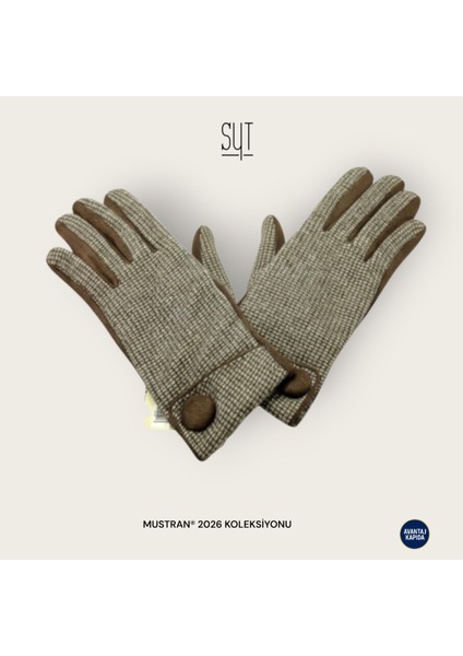 Syt Kadın Kışlık Dokunmatik Eldiven - Desenli Suni Deri/Kumaş Şık Tokalı & Düğmeli Modeller