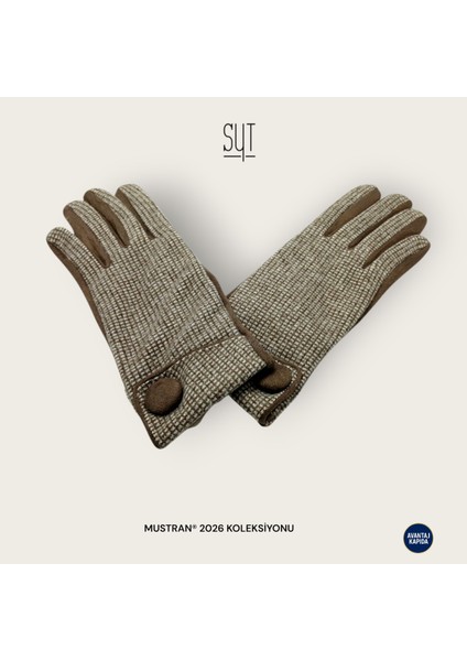 Syt Kadın Kışlık Dokunmatik Eldiven - Desenli Suni Deri/Kumaş Şık Tokalı & Düğmeli Modeller