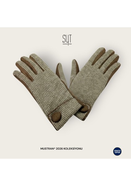 Syt Kadın Kışlık Dokunmatik Eldiven - Desenli Suni Deri/Kumaş Şık Tokalı & Düğmeli Modeller