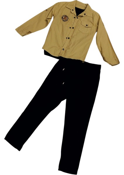 Erkek Çocuk Armalı 3lü Keten Gömlek Keten Pantolon Tişörtlü Sarı Renk Takım