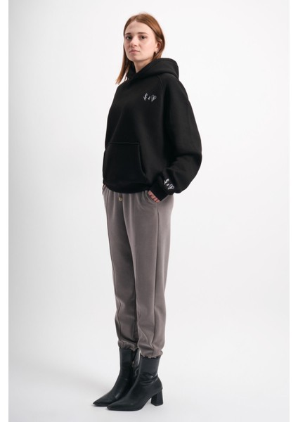 Oversize Geniş Kalıp Baskılı Kapüşonlu Kadın Sweatshirt