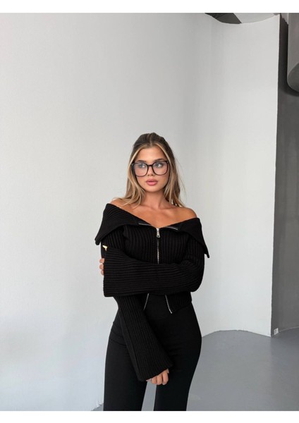 Kadın Siyah Madonna Yaka Çift Fermuarlı Triko - Siyah modelleri