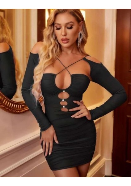 Taşlı Göğüs Dekolteli Siyah Kadın Fantezi Gece Elbisesi