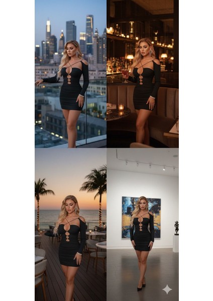 Taşlı Göğüs Dekolteli Siyah Kadın Fantezi Gece Elbisesi fiyatları