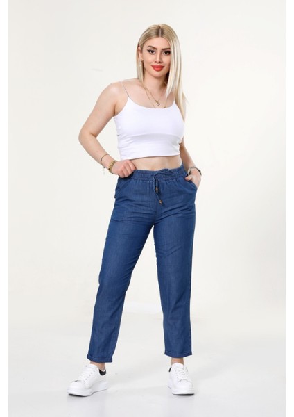 Kadın Boru Paça Kot Görünümlü Keten Bağcıklı Pantolon