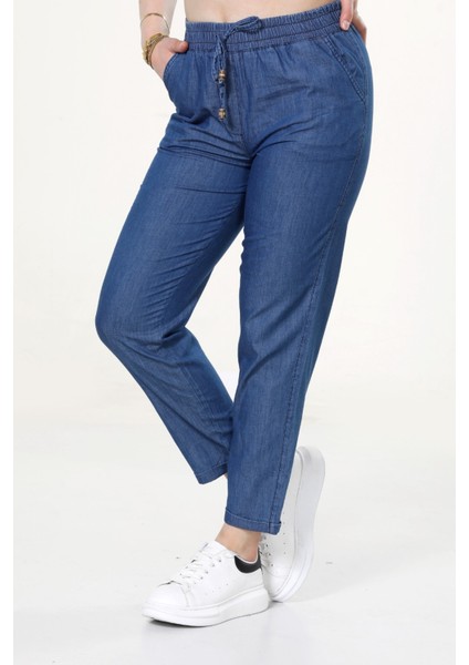 Kadın Boru Paça Kot Görünümlü Keten Bağcıklı Pantolon modelleri