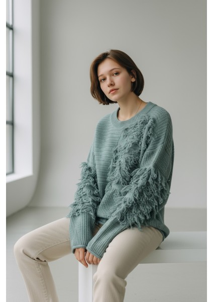 Kadın Patchwork Tasarımlı Dokulu Triko Kazak - Oversize ve Rahat Formlu - Çağla