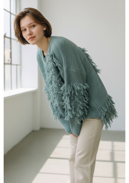 Kadın Patchwork Tasarımlı Dokulu Triko Kazak - Oversize ve Rahat Formlu - Çağla fiyatları