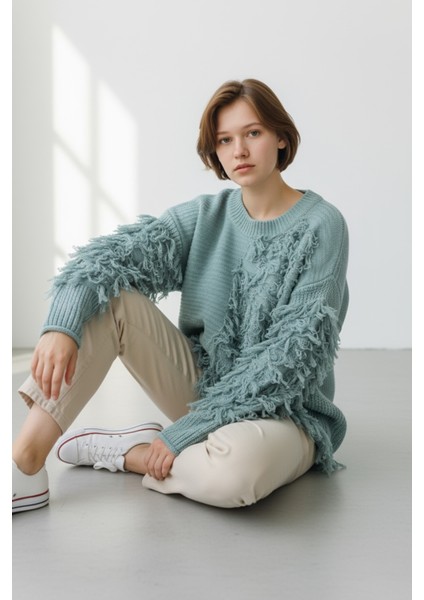 Kadın Patchwork Tasarımlı Dokulu Triko Kazak - Oversize ve Rahat Formlu - Çağla modelleri