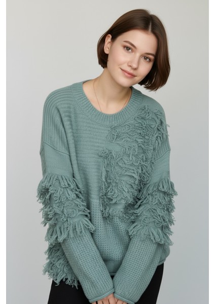 Kadın Patchwork Tasarımlı Dokulu Triko Kazak - Oversize ve Rahat Formlu - Çağla fırsatları