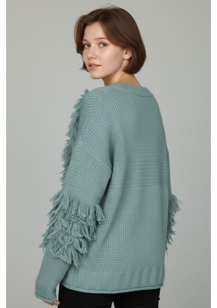 Kadın Patchwork Tasarımlı Dokulu Triko Kazak - Oversize ve Rahat Formlu - Çağla indirimleri