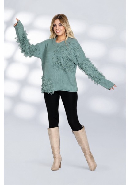 Kadın Patchwork Tasarımlı Dokulu Triko Kazak - Oversize ve Rahat Formlu - Çağla