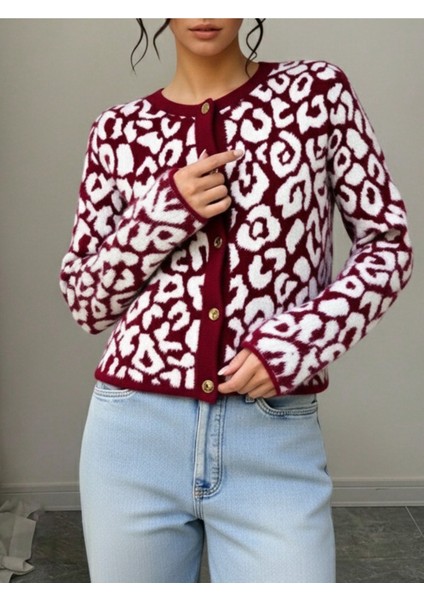 Trend Moda Leopar Desen Bordo Crop Triko Örme Hırka - Bordo fiyatları