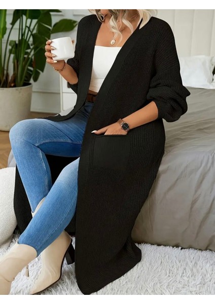 Büyük Beden Battal Kalıp Siyah Cepli Dökümlü Uzun Örgü Hırka (2xl - 3xl Uyumlu)