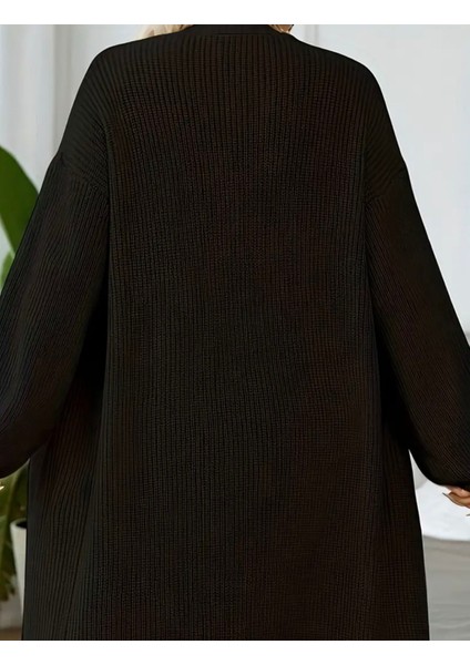 Büyük Beden Battal Kalıp Siyah Cepli Dökümlü Uzun Örgü Hırka (2xl - 3xl Uyumlu) fiyatları