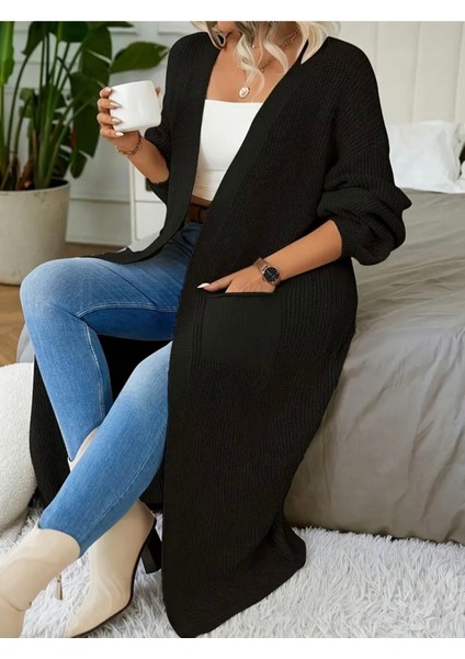 Büyük Beden Battal Kalıp Siyah Cepli Dökümlü Uzun Örgü Hırka (2xl - 3xl Uyumlu) modelleri