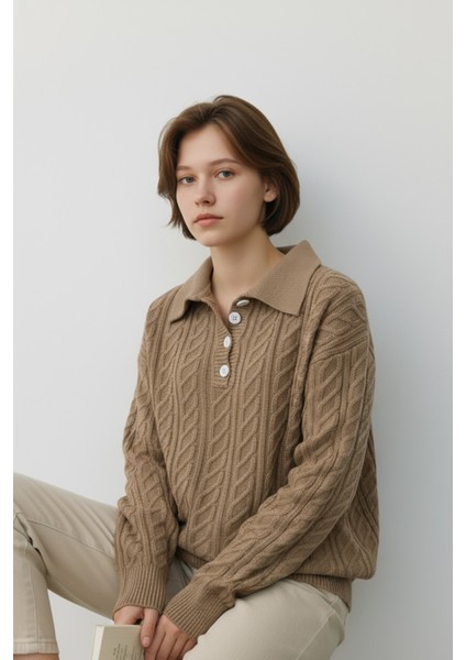 Inci Detaylı Örgü Desenli Salaş Triko Kazak Bisiklet Yaka Rahat Kalıp Şık Günlük Model - Bej