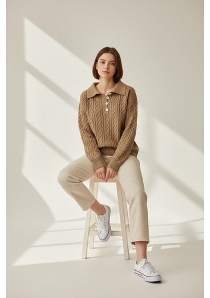 Inci Detaylı Örgü Desenli Salaş Triko Kazak Bisiklet Yaka Rahat Kalıp Şık Günlük Model - Bej fiyatları