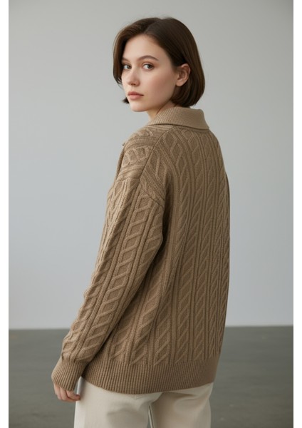 Inci Detaylı Örgü Desenli Salaş Triko Kazak Bisiklet Yaka Rahat Kalıp Şık Günlük Model - Bej modelleri