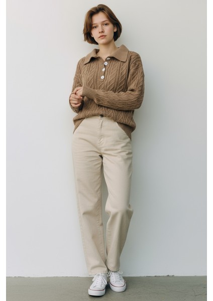 Inci Detaylı Örgü Desenli Salaş Triko Kazak Bisiklet Yaka Rahat Kalıp Şık Günlük Model - Bej indirimleri