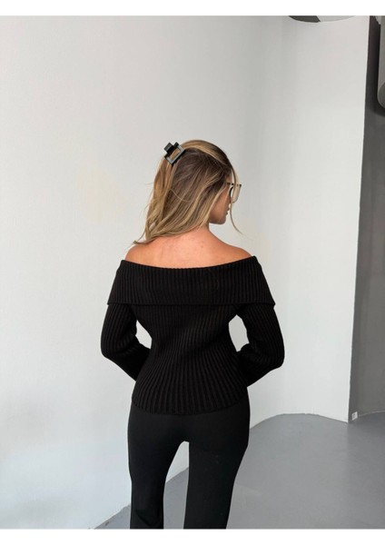 Kadın Siyah Madonna Yaka Çift Fermuarlı Triko - Siyah fiyatları