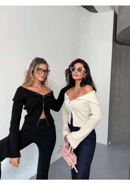 Kadın Siyah Madonna Yaka Çift Fermuarlı Triko - Siyah fırsatları