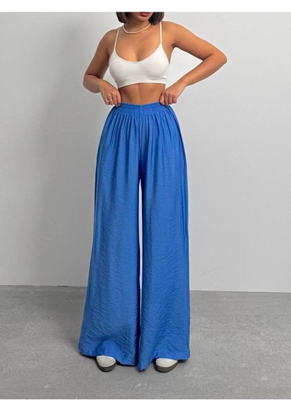 Kadın Siyah Bol Paça Dökümlü Modal Pantolon - Mavi