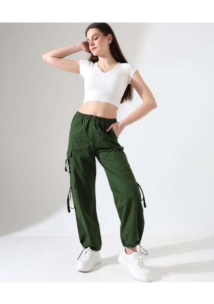 Yeşil Paraşüt Kumaş Palazzo Pantolon - Haki