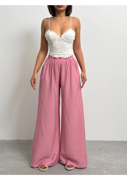 Kadın Siyah Bol Paça Dökümlü Modal Pantolon - Pembe