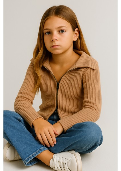 Madonna Yaka Çift Fermuarlı Triko Kız Çocuk Kazak Hırka Standart Beden 10-16 Yaş - Bej