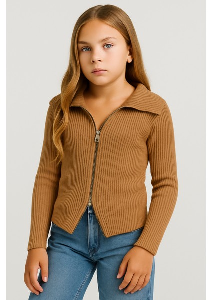 Madonna Yaka Çift Fermuarlı Triko Kız Çocuk Kazak Hırka Standart Beden 10-16 Yaş - Bej fiyatları