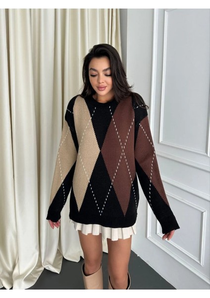 Kadın Baklava Desenli Kahverengi Oversize Triko Kazak - Kahverengi