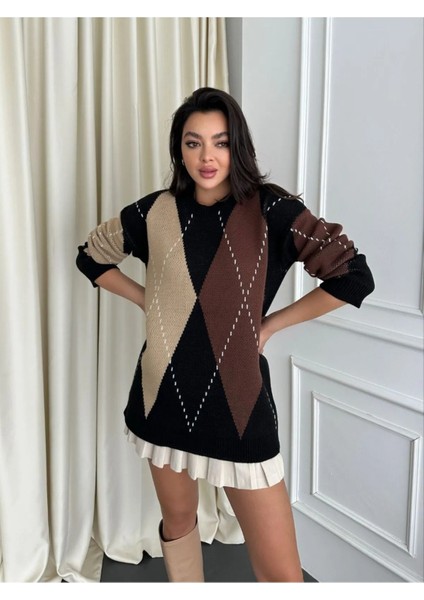 Kadın Baklava Desenli Kahverengi Oversize Triko Kazak - Kahverengi fiyatları