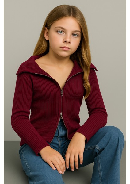 Madonna Yaka Çift Fermuarlı Triko Kız Çocuk Kazak Hırka Standart Beden 10-16 Yaş - Bordo