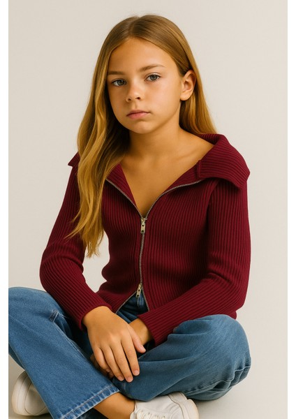Madonna Yaka Çift Fermuarlı Triko Kız Çocuk Kazak Hırka Standart Beden 10-16 Yaş - Bordo fiyatları