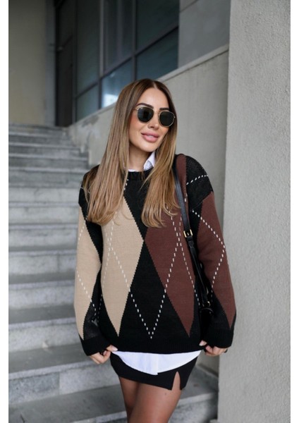 Kahve Baklava Desen Oversize Triko - Kahve